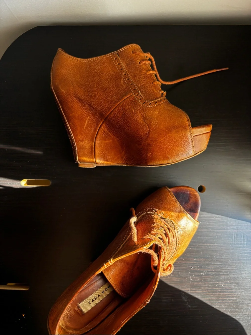 Zara Brown Leather Peep-Toe Wedge Booties rare style real leather
